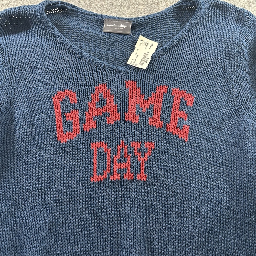 WOODEN SHIPS Sweater S/M Game Day V-Neck Cotton Knit Navy Blue Red Chile - Picture 4 of 7